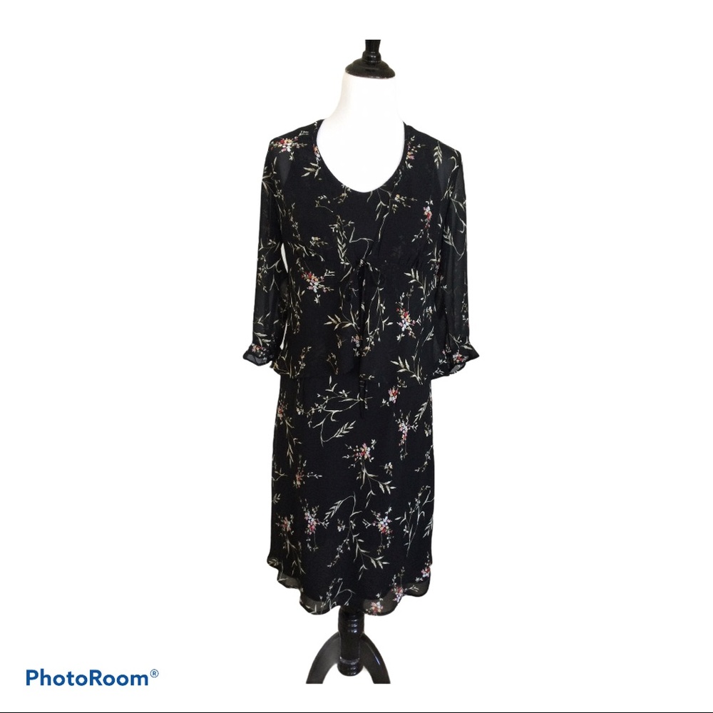 Black Floral Dress with Sheer Ruffled Sleeve Jacket Top